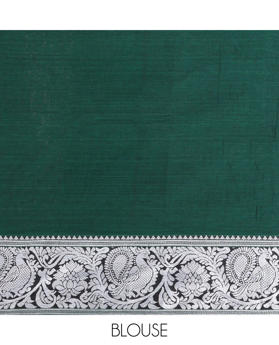 Green Plain Mercerised Cotton Saree, Highlighted by a Self-Border of Temple, Peacock, and Floral Designs,  Striped Pallu, and Paired with a Matching Blouse - Image 3