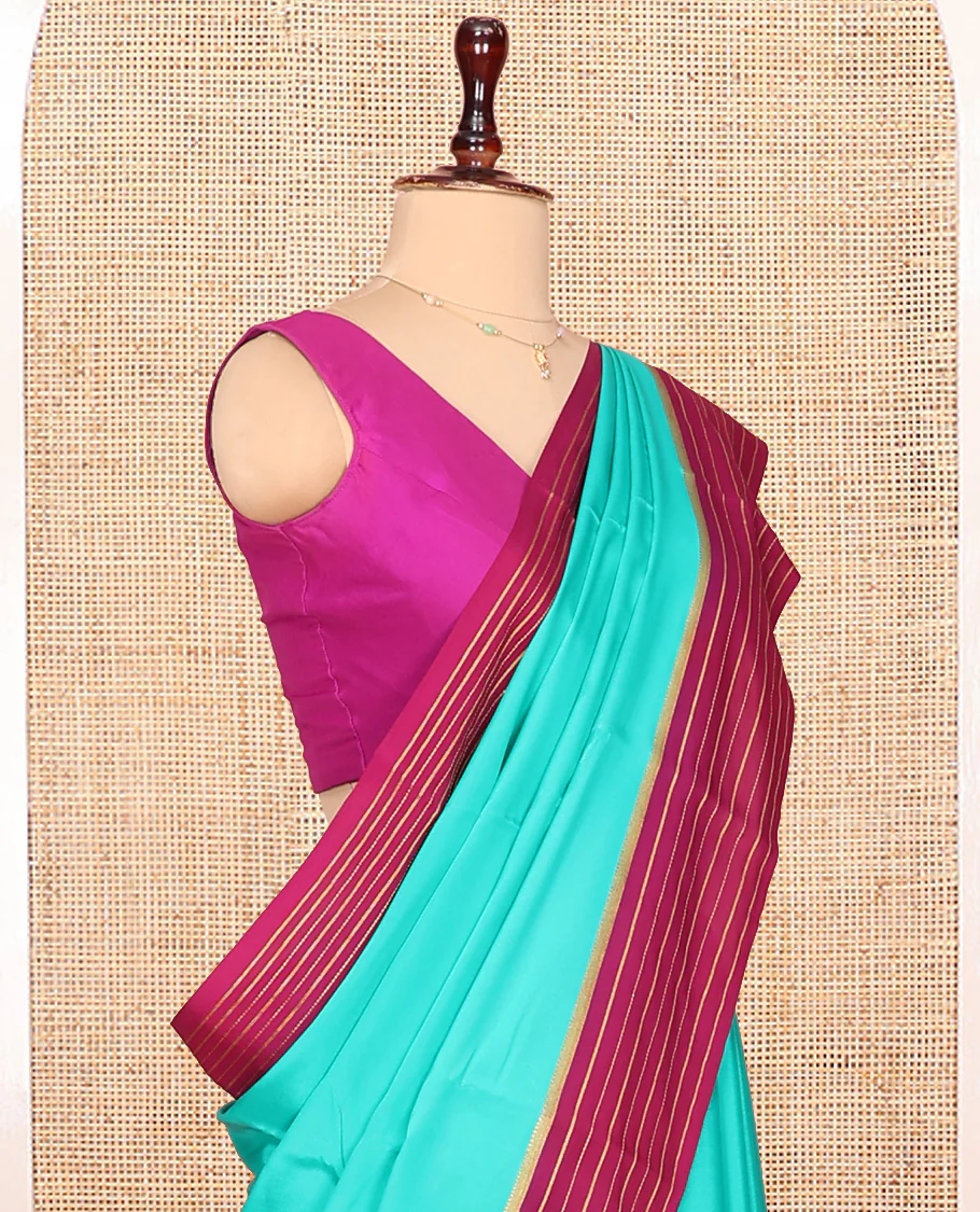 Green Plain Mysore Silk Saree, Complemented by Captivating Contrast Zari Striped Border, Pallu of Vibrant Zari Stripes and Paired with a Contrast Blouse - Image 2