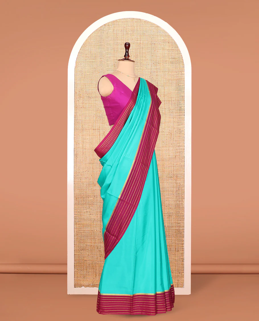 Green Plain Mysore Silk Saree, Complemented by Captivating Contrast Zari Striped Border, Pallu of Vibrant Zari Stripes and Paired with a Contrast Blouse - Image 3