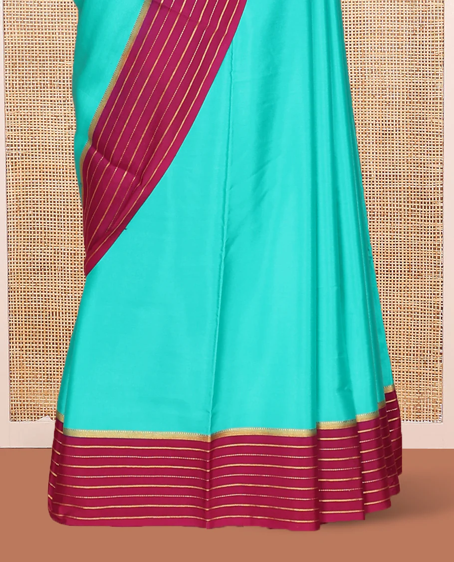 Green Plain Mysore Silk Saree, Complemented by Captivating Contrast Zari Striped Border, Pallu of Vibrant Zari Stripes and Paired with a Contrast Blouse - Image 4