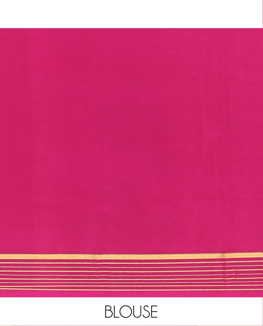 Green Plain Mysore Silk Saree, Complemented by Captivating Contrast Zari Striped Border, Pallu of Vibrant Zari Stripes and Paired with a Contrast Blouse - Image 5