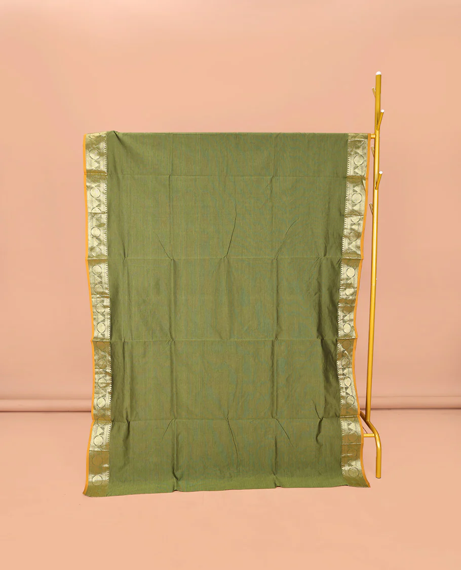 Green Plain Poly Cotton Saree, Complemented by a Contrast Traditional Zari Border of Temple and Rudraksham Designs, Contrast Striped Pallu, and Paired with a Contrast Blouse
