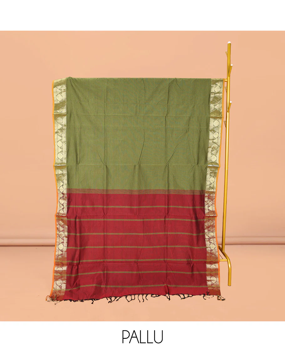 Green Plain Poly Cotton Saree, Complemented by a Contrast Traditional Zari Border of Temple and Rudraksham Designs, Contrast Striped Pallu, and Paired with a Contrast Blouse - Image 2