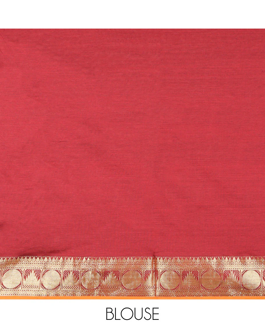 Green Plain Poly Cotton Saree, Complemented by a Contrast Traditional Zari Border of Temple and Rudraksham Designs, Contrast Striped Pallu, and Paired with a Contrast Blouse - Image 3