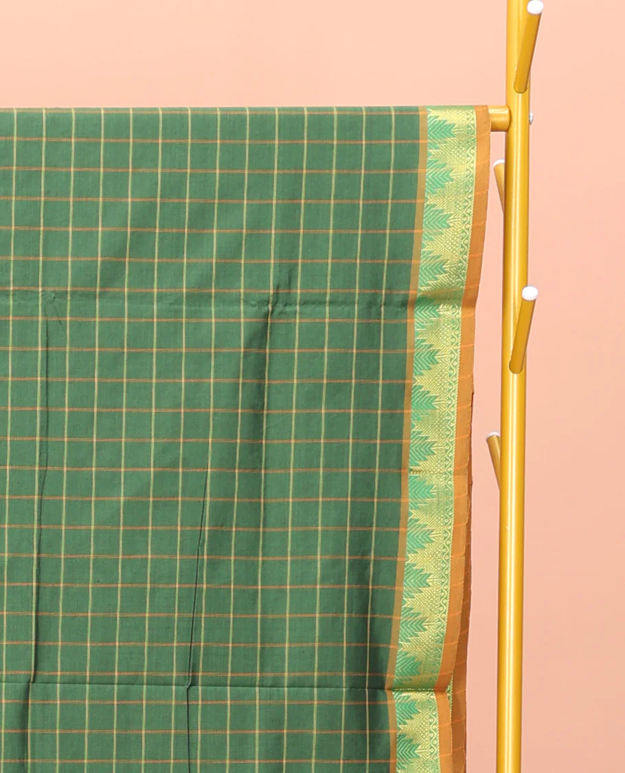 Green Poly Cotton Saree, Accentuated with Checked Design on Its Body, Highlighted by a Temple Border, Complemented by Contrast Striped Pallu, and Paired with a Contrast Blouse - Image 2