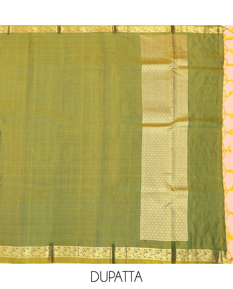 Green Pure Silk Half-Saree, Accentuated with Zari Buttas on Its Body, Complemented by a Contrast Floral and Paisley Design Border, Complemented by a Contrast Blouse, and Paired with a Contrast Dhavani of Jaal Designs - Image 6