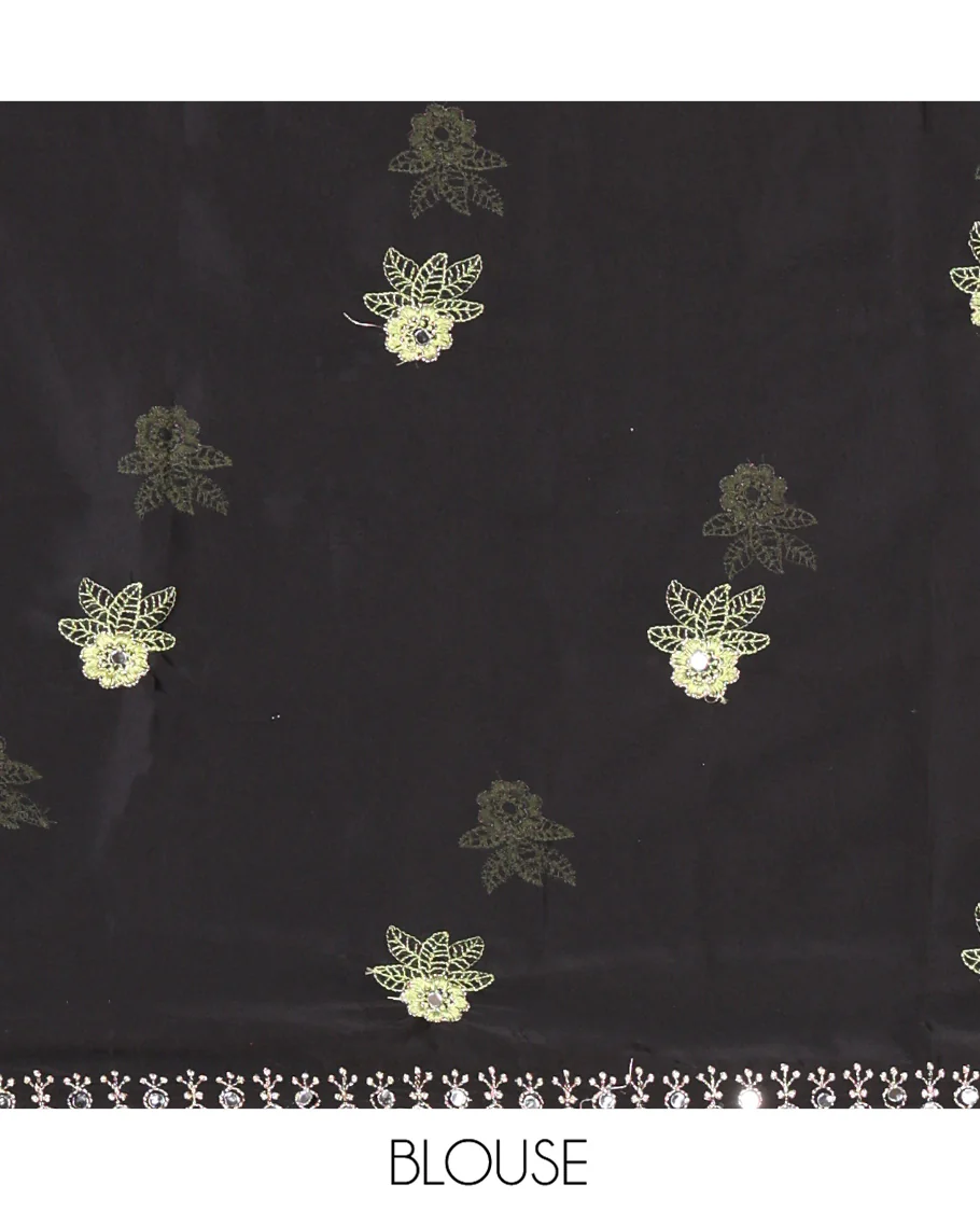 Green Rangoli Chiffon Saree, Elevated with Flower-Style Motifs Embroidered on Its Body, a Subtle Scallop Embroidered Border, a Self-Pallu, and Paired with a Contrast Embroidered Blouse - Image 3