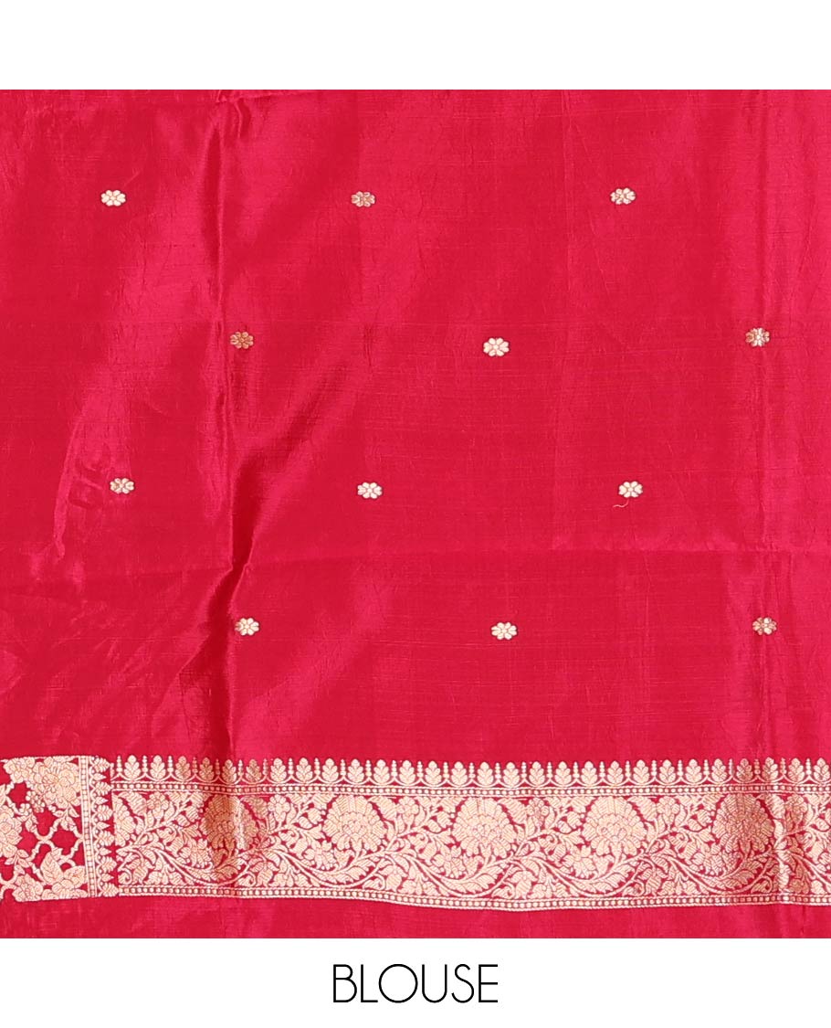 Green Raw Mango Silk Saree Ornamented with Buttas, Complemented by a Contrast Traditional Zari-Design Border, Pallu Depicts Peacock Eye Design, and Paired with a Contrast Blouse - Image 6