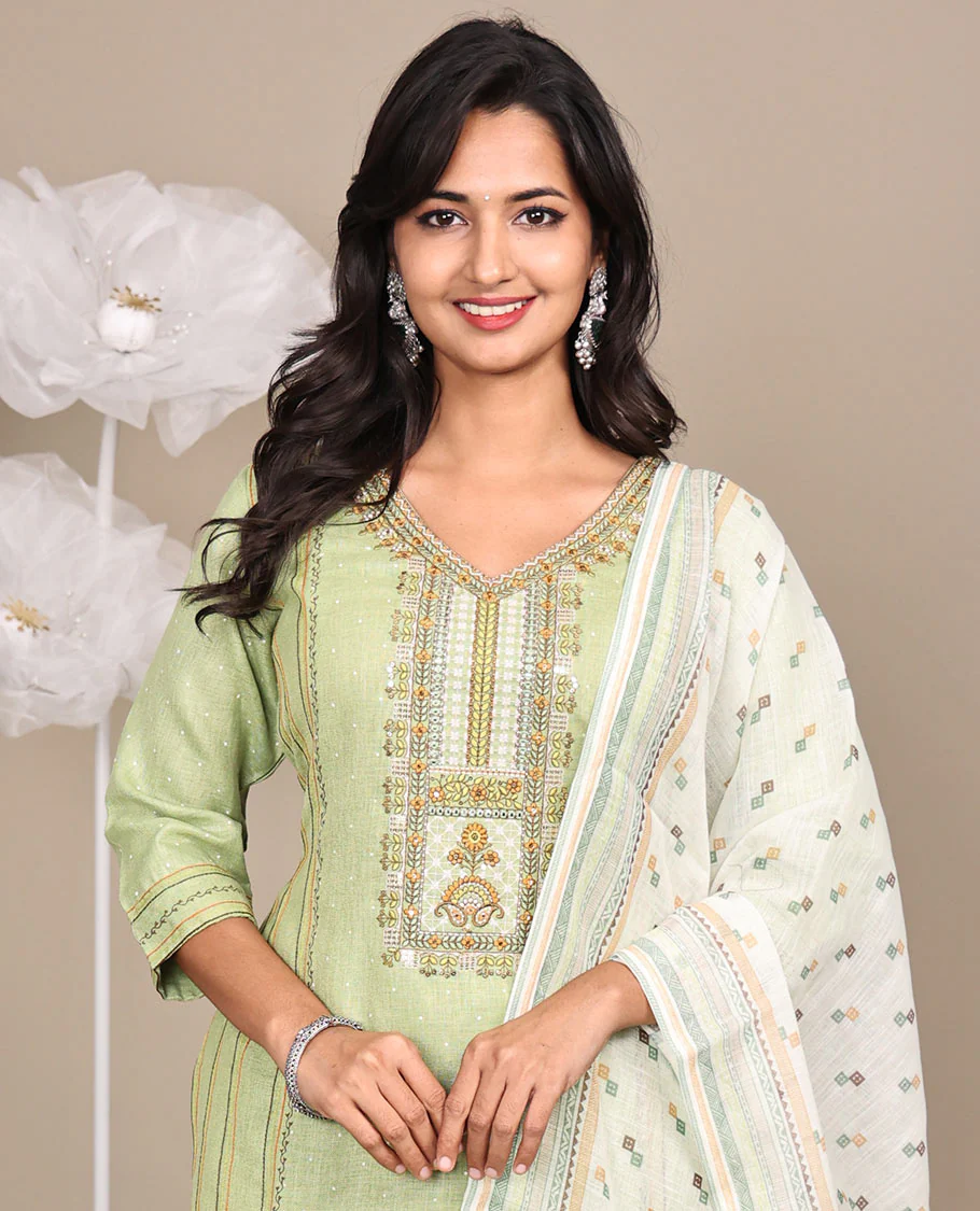 Green Ready-Made Cotton Suit, Elevated with V-Neckline Embroidery, 3/4 Sleeves, and a Straight-Cut Top, Paired with Straight-Cut Pants and a Contrast Printed Dupatta - Image 2