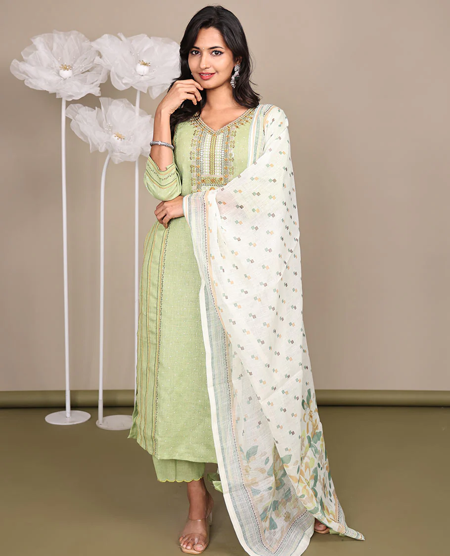Green Ready-Made Cotton Suit, Elevated with V-Neckline Embroidery, 3/4 Sleeves, and a Straight-Cut Top, Paired with Straight-Cut Pants and a Contrast Printed Dupatta - Image 4
