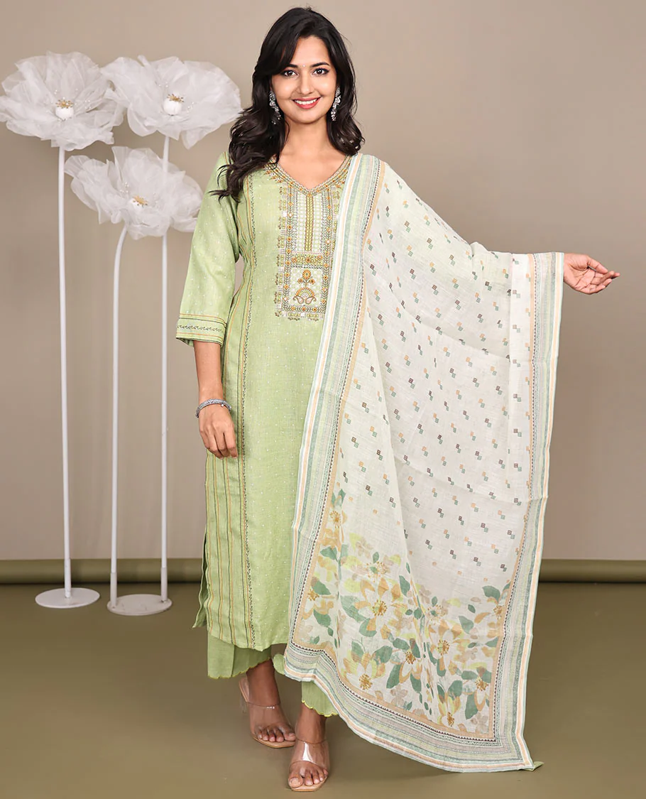 Green Ready-Made Cotton Suit, Elevated with V-Neckline Embroidery, 3/4 Sleeves, and a Straight-Cut Top, Paired with Straight-Cut Pants and a Contrast Printed Dupatta - Image 5