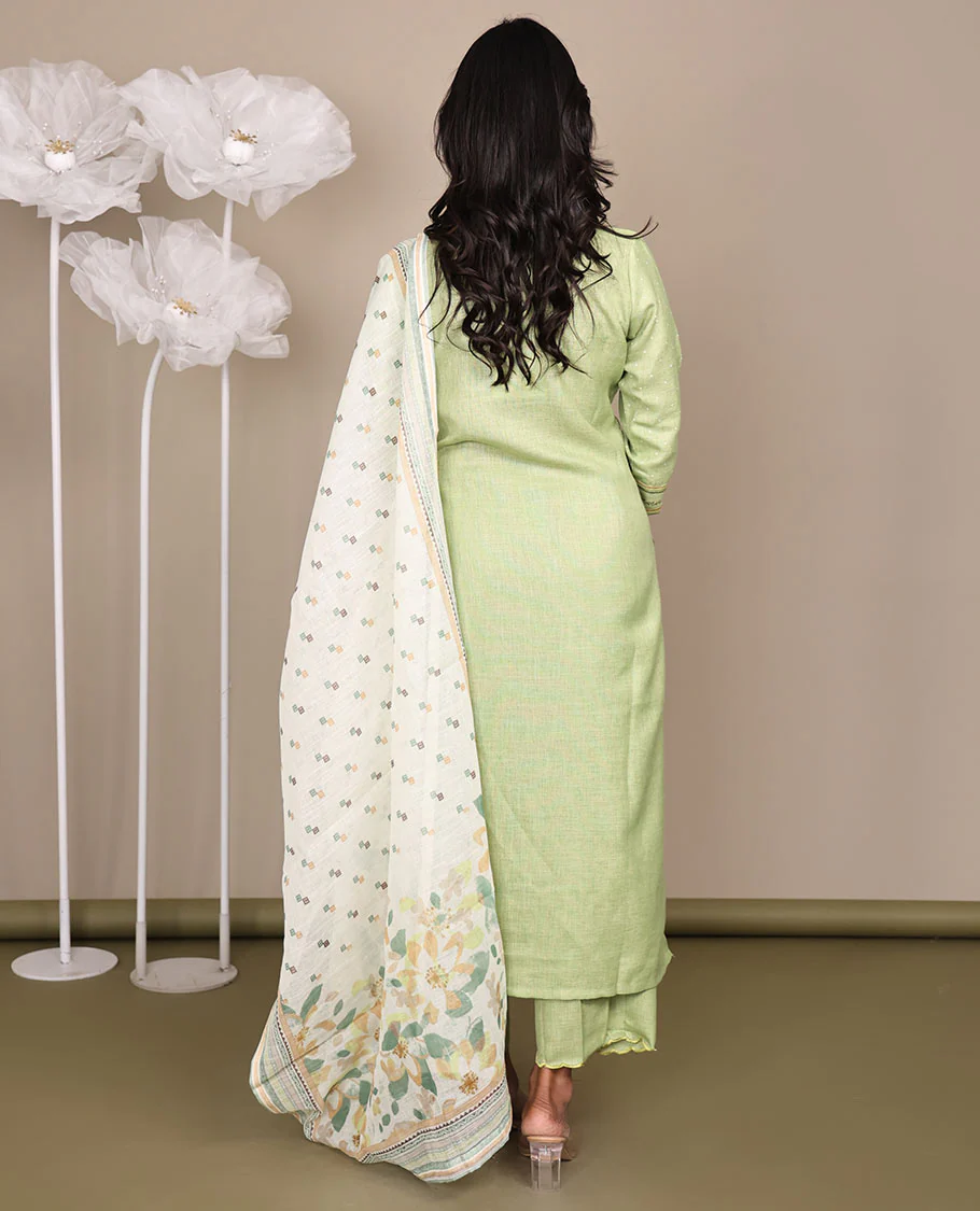 Green Ready-Made Cotton Suit, Elevated with V-Neckline Embroidery, 3/4 Sleeves, and a Straight-Cut Top, Paired with Straight-Cut Pants and a Contrast Printed Dupatta - Image 6