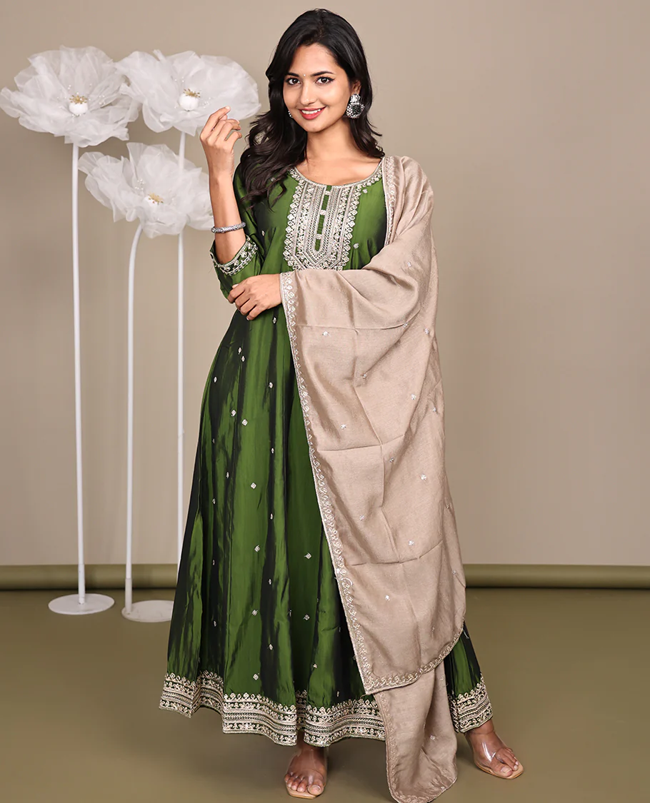 Green Ready-Made Rayon Suit, Delicately Woven with Embroidered Round-Neckline, 3/4 Sleeves, and a Straight-Cut Top, Paired with Straight-Cut Pants and a Contrast Embroidered Dupatta