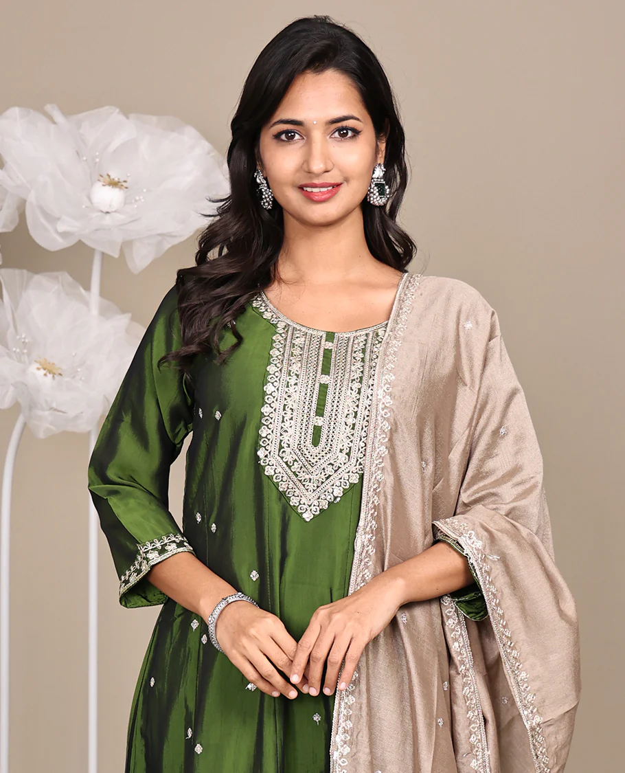 Green Ready-Made Rayon Suit, Delicately Woven with Embroidered Round-Neckline, 3/4 Sleeves, and a Straight-Cut Top, Paired with Straight-Cut Pants and a Contrast Embroidered Dupatta - Image 2