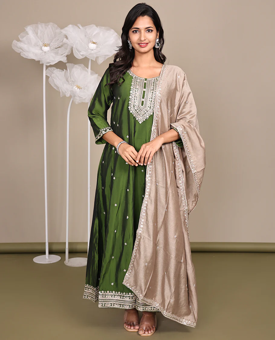 Green Ready-Made Rayon Suit, Delicately Woven with Embroidered Round-Neckline, 3/4 Sleeves, and a Straight-Cut Top, Paired with Straight-Cut Pants and a Contrast Embroidered Dupatta - Image 3