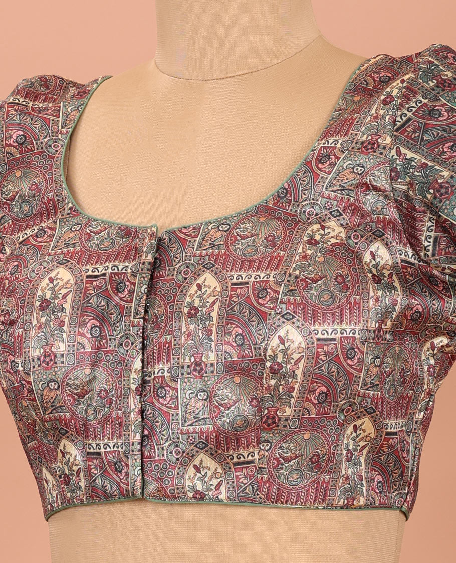 Green Readymade Blouse Artfully Detailed with Flora-Fauna and Mughal-Style Design Print, Featuring Front Round Neck, Back Round Neck, and Elbow Sleeves - Image 2