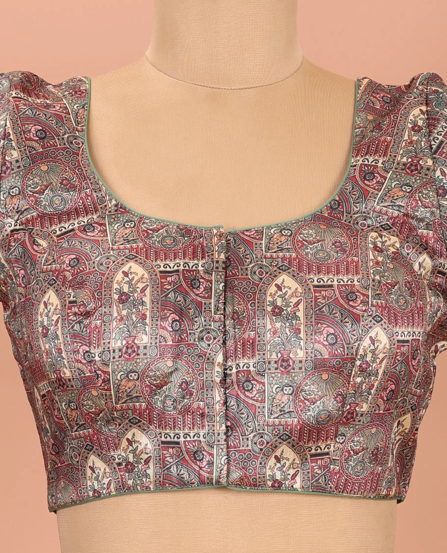 Green Readymade Blouse Artfully Detailed with Flora-Fauna and Mughal-Style Design Print, Featuring Front Round Neck, Back Round Neck, and Elbow Sleeves - Image 3
