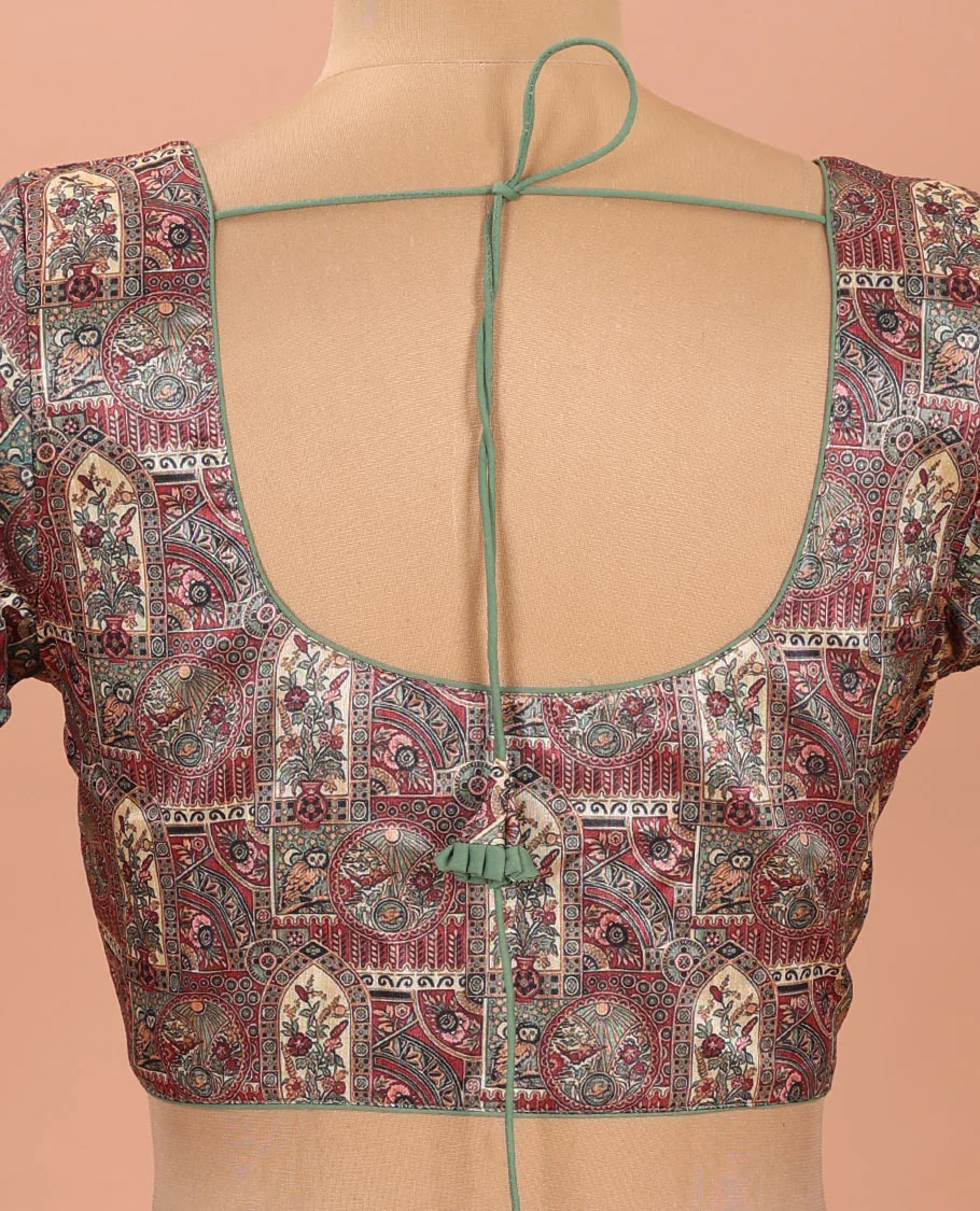 Green Readymade Blouse Artfully Detailed with Flora-Fauna and Mughal-Style Design Print, Featuring Front Round Neck, Back Round Neck, and Elbow Sleeves - Image 4