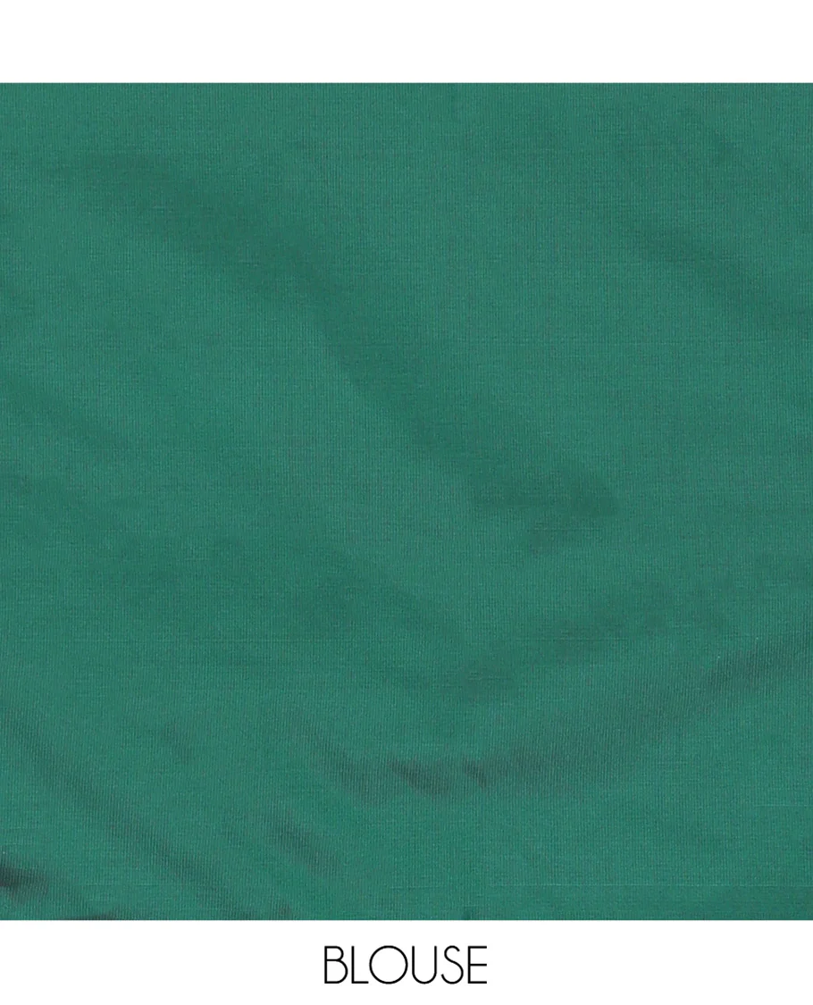 Green Semi-Banaras Silk Saree, Finely Designed with Animal-themed Jacquard Designs on Its Body, Highlighted by a Zari Border of Traditional Designs, Pallu Steeped with Stripes, and Paired with a Matching Blouse - Image 5