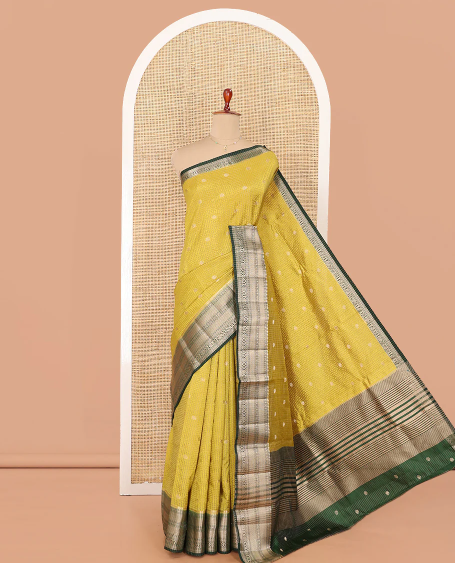 Green Semi-Banarasi Dupion Saree, Subtly Sparkled with Checks and Zari Buttas, a Contrast Traditional Zari Border, Striped Pallu, and a Contrast Blouse