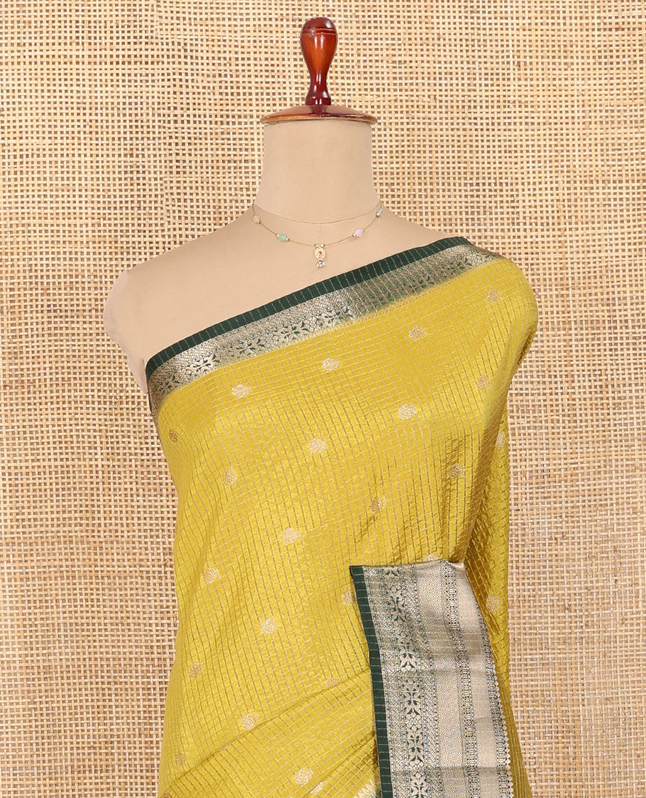 Green Semi-Banarasi Dupion Saree, Subtly Sparkled with Checks and Zari Buttas, a Contrast Traditional Zari Border, Striped Pallu, and a Contrast Blouse - Image 2
