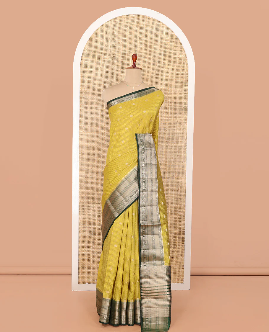 Green Semi-Banarasi Dupion Saree, Subtly Sparkled with Checks and Zari Buttas, a Contrast Traditional Zari Border, Striped Pallu, and a Contrast Blouse - Image 3