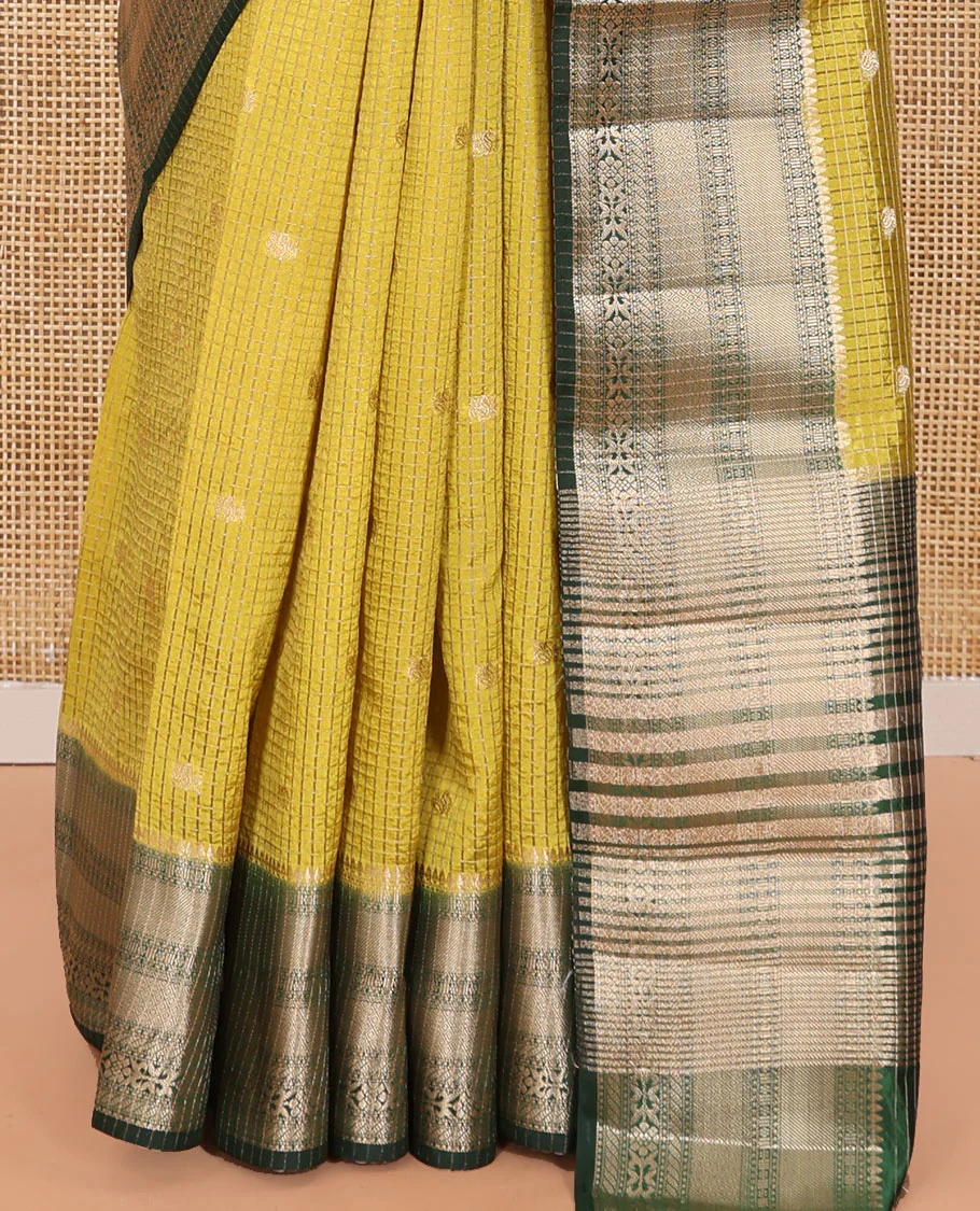 Green Semi-Banarasi Dupion Saree, Subtly Sparkled with Checks and Zari Buttas, a Contrast Traditional Zari Border, Striped Pallu, and a Contrast Blouse - Image 4