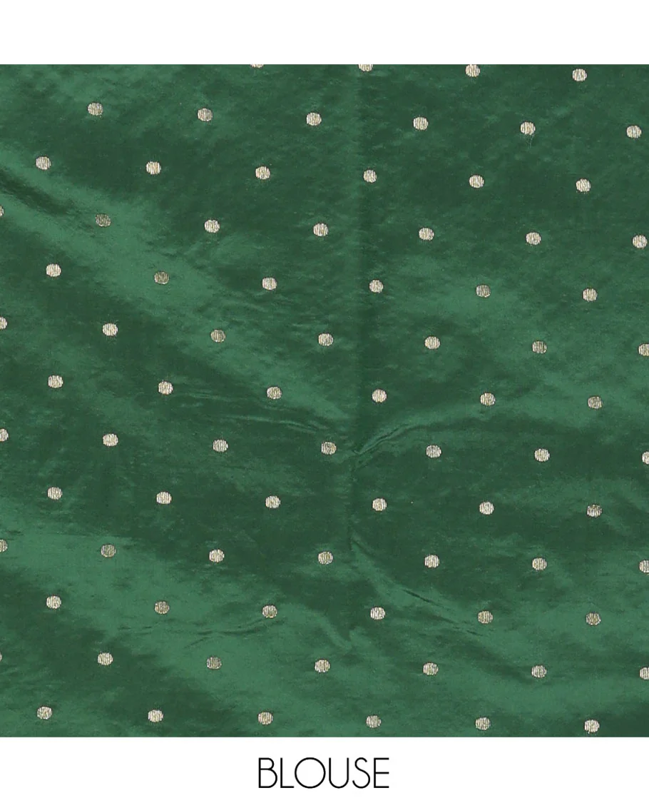 Green Semi-Banarasi Dupion Saree, Subtly Sparkled with Checks and Zari Buttas, a Contrast Traditional Zari Border, Striped Pallu, and a Contrast Blouse - Image 5