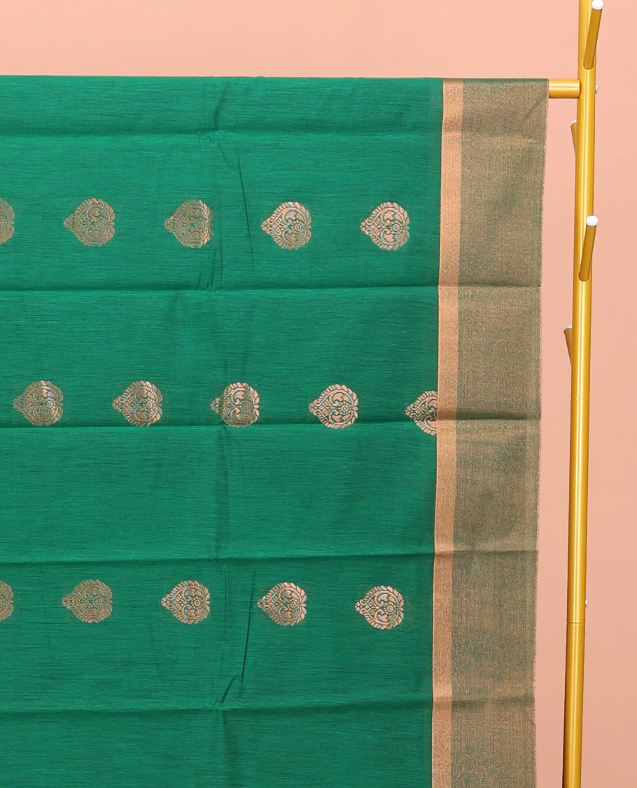 Green Semi-Silk Cotton Saree, Accentuated with Zari Buttas All Over Its Body, Highlighted by a Zari Border, Pallu of Intricate Zari Design, and Paired with a Matching Blouse - Image 2
