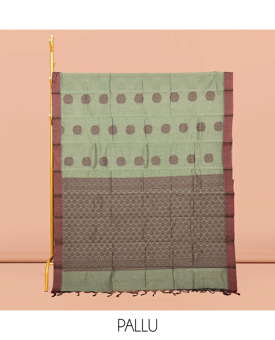 Green Semi-Silk Cotton Saree, Adorned with Round Buttas on Its Body, Complemented by a Contrast Thread Traditional Motifs Woven Border, Jaal Design Pallu, and Paired with a Contrast Blouse - Image 2