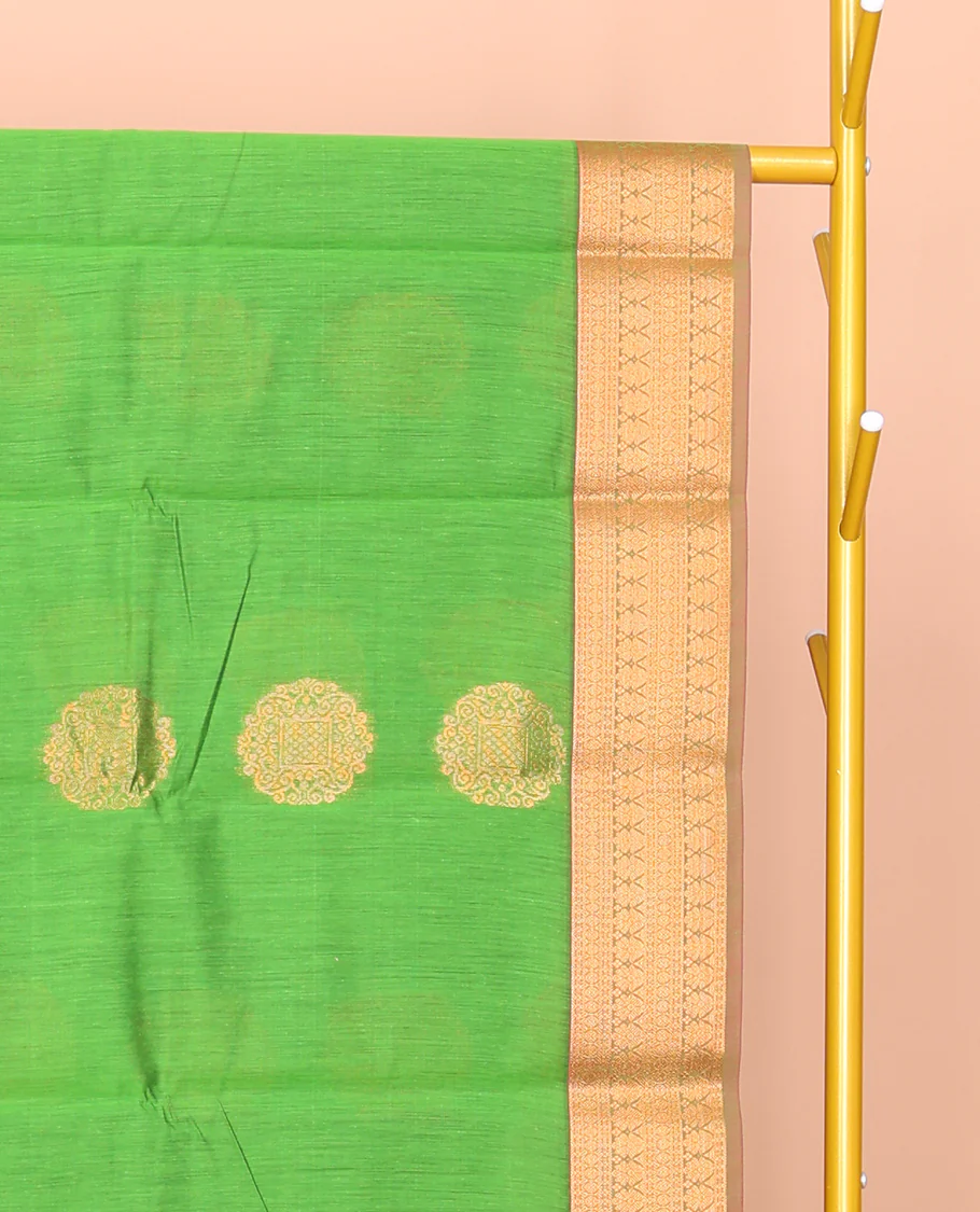 Green Semi-Silk Cotton Saree, Bedecked with Zari Buttas All Over Its Body, Complemented by a Contrast Border of Traditional Zari Designs, Grand Jaal Pallu, and Paired with a Contrast Blouse - Image 2
