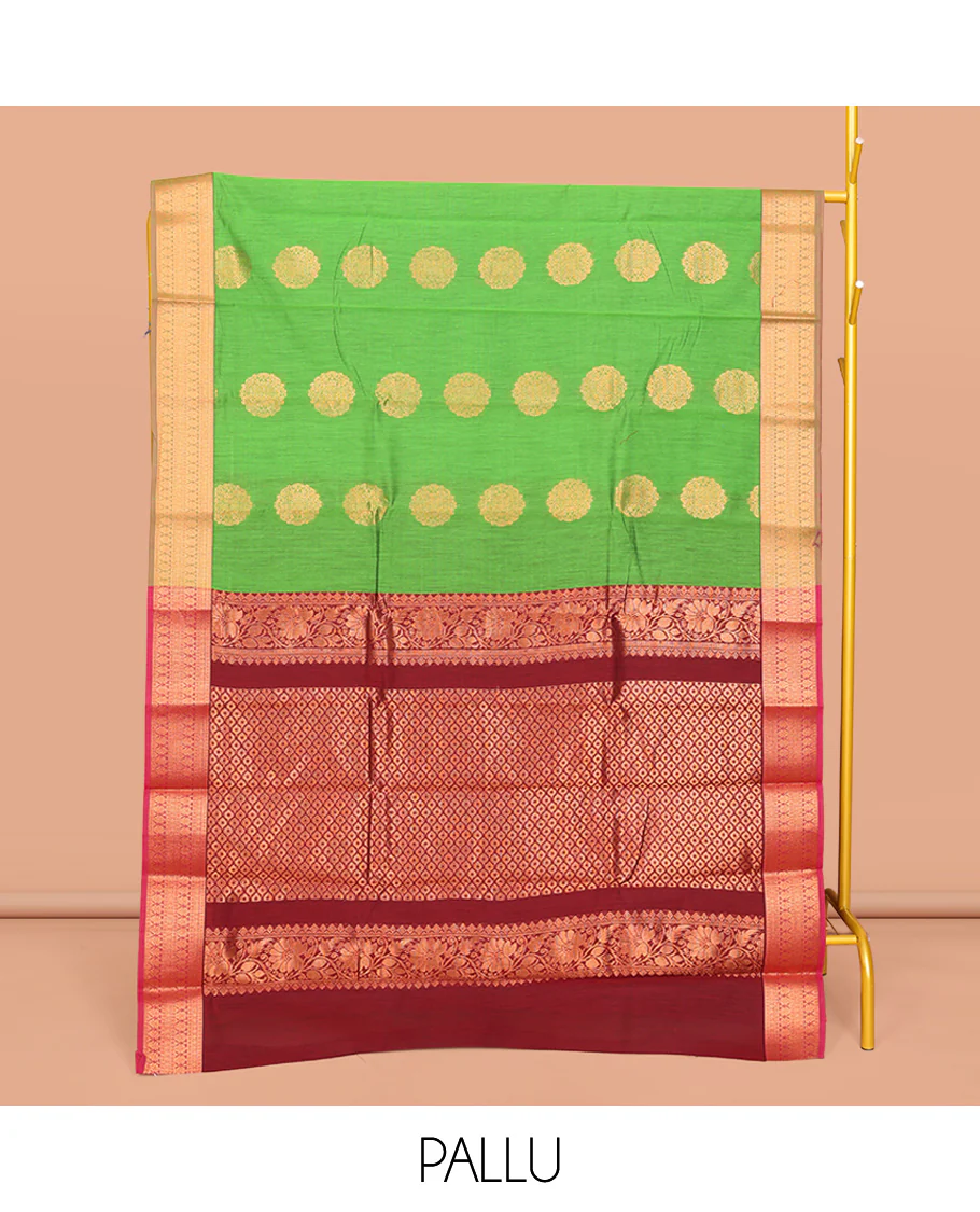 Green Semi-Silk Cotton Saree, Bedecked with Zari Buttas All Over Its Body, Complemented by a Contrast Border of Traditional Zari Designs, Grand Jaal Pallu, and Paired with a Contrast Blouse - Image 3