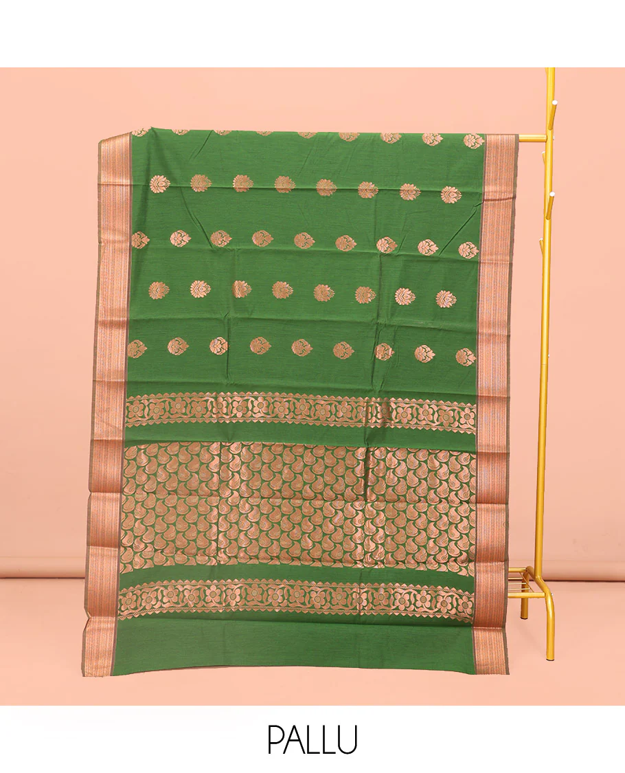 Green Semi-Silk Cotton Saree, Bedecked with Zari Buttas All Over Its Body, Highlighted by a Traditional Zari Border, Pallu of Paisley Designs, and Paired with a Matching Blouse - Image 3