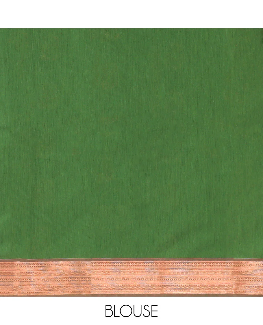 Green Semi-Silk Cotton Saree, Bedecked with Zari Buttas All Over Its Body, Highlighted by a Traditional Zari Border, Pallu of Paisley Designs, and Paired with a Matching Blouse - Image 4
