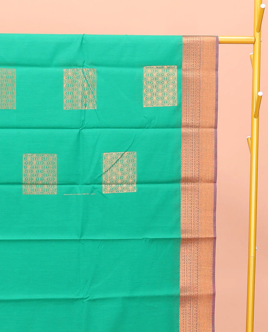 Green Semi-Silk Cotton Saree, Charmingly Accented with Zari Buttas All Over Its Body, Complemented by a Contrast Traditional Zari Design Border, Pallu of Star Design, and Paired with a Contrast Blouse - Image 2