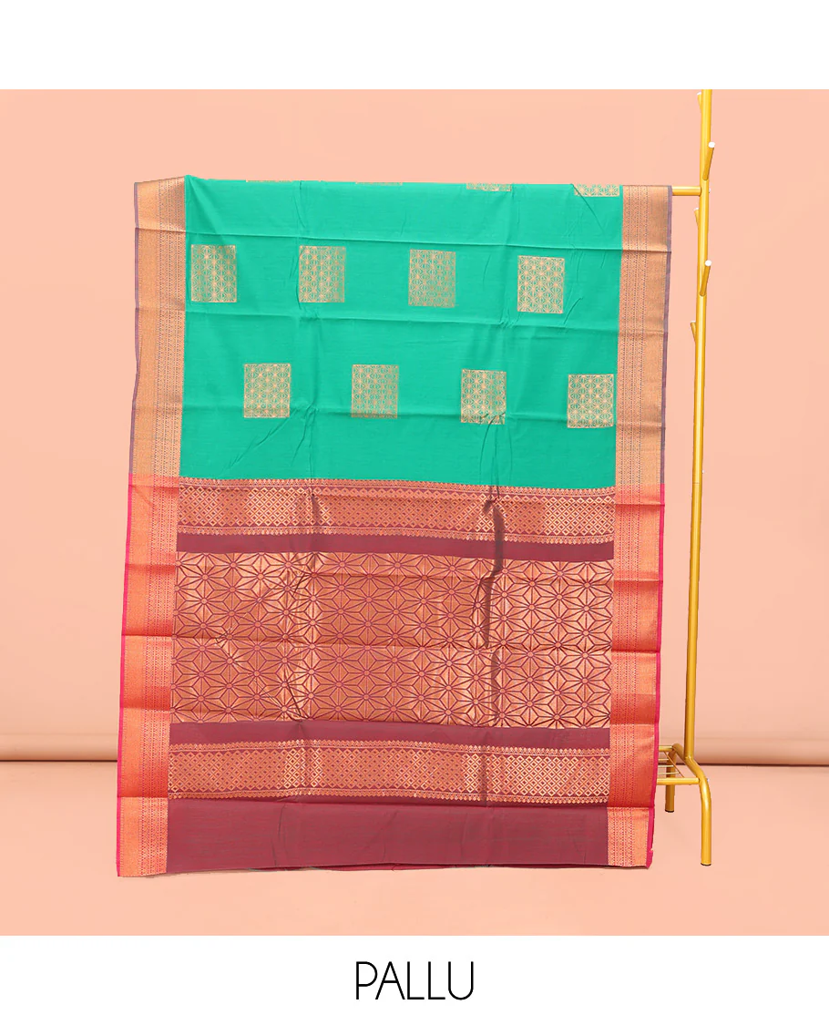 Green Semi-Silk Cotton Saree, Charmingly Accented with Zari Buttas All Over Its Body, Complemented by a Contrast Traditional Zari Design Border, Pallu of Star Design, and Paired with a Contrast Blouse - Image 3