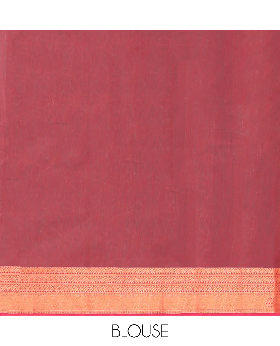 Green Semi-Silk Cotton Saree, Charmingly Accented with Zari Buttas All Over Its Body, Complemented by a Contrast Traditional Zari Design Border, Pallu of Star Design, and Paired with a Contrast Blouse - Image 4