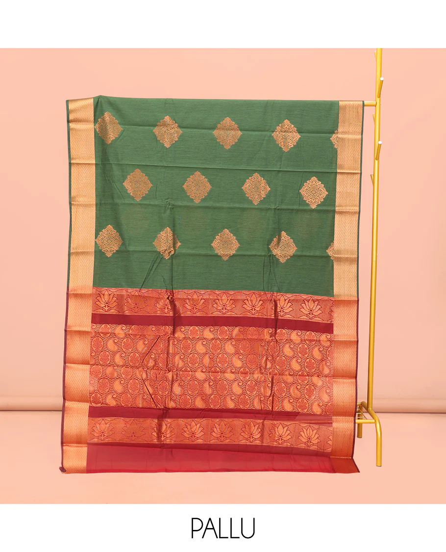 Green Semi-Silk Cotton Saree, Crafted with Zari Buttas All Over Its Body, Highlighted by a Self-Border of Traditional Zari Designs, Pallu Steeped with Paisley Designs, and Paired with a Contrast Blouse - Image 3