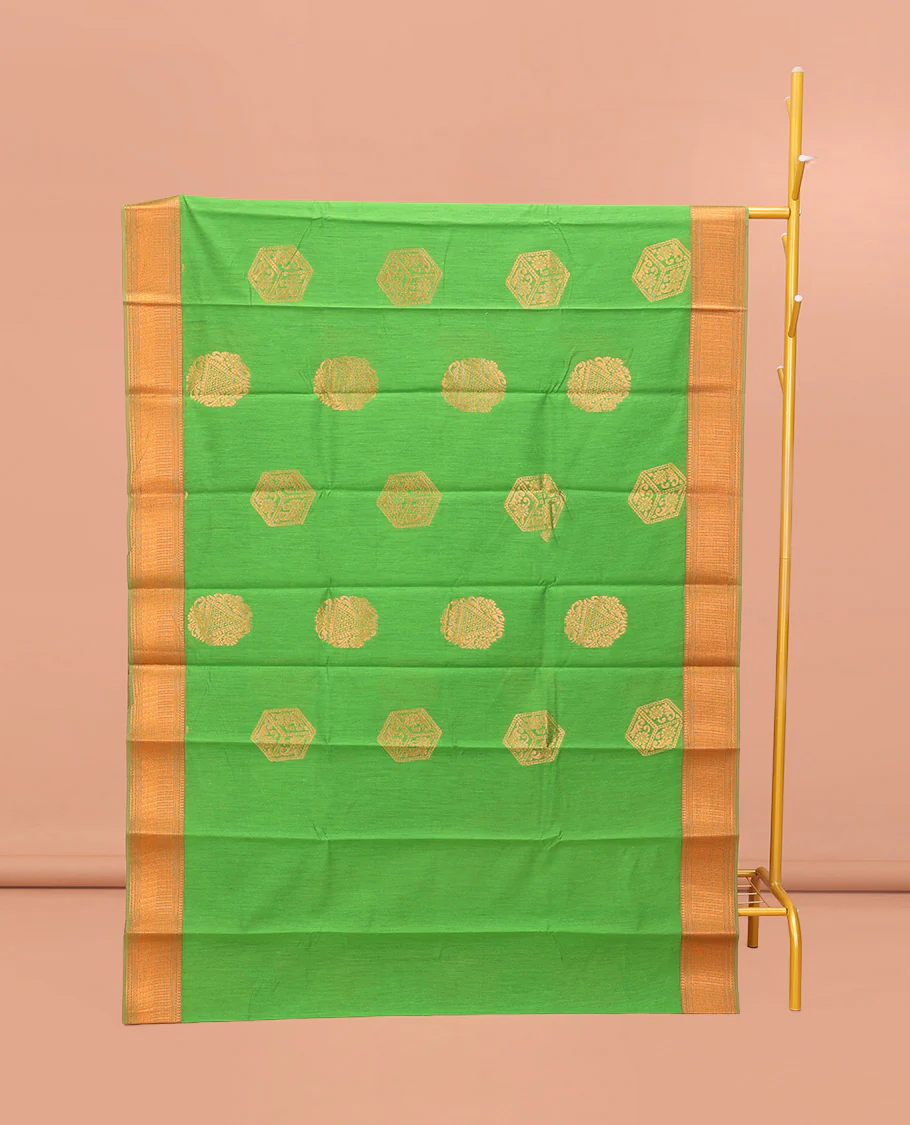 Green Semi-Silk Cotton Saree, Dazzled with Zari Buttas All Over Its Body, Highlighted by a Zari Traditional Design Border, Complemented by a Contrast Pallu of Geometric Design, and Paired with a Contrast Blouse