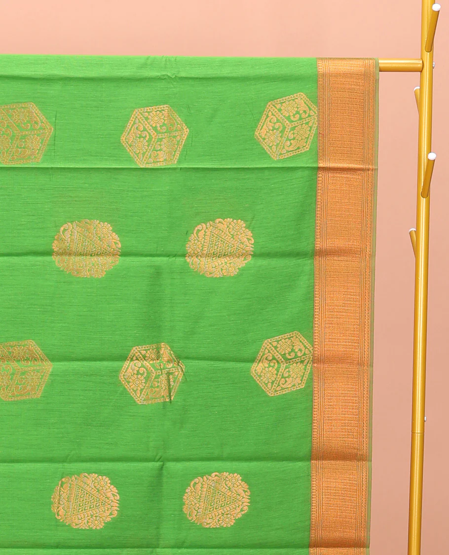 Green Semi-Silk Cotton Saree, Dazzled with Zari Buttas All Over Its Body, Highlighted by a Zari Traditional Design Border, Complemented by a Contrast Pallu of Geometric Design, and Paired with a Contrast Blouse - Image 2