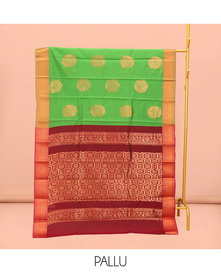 Green Semi-Silk Cotton Saree, Dazzled with Zari Buttas All Over Its Body, Highlighted by a Zari Traditional Design Border, Complemented by a Contrast Pallu of Geometric Design, and Paired with a Contrast Blouse - Image 3
