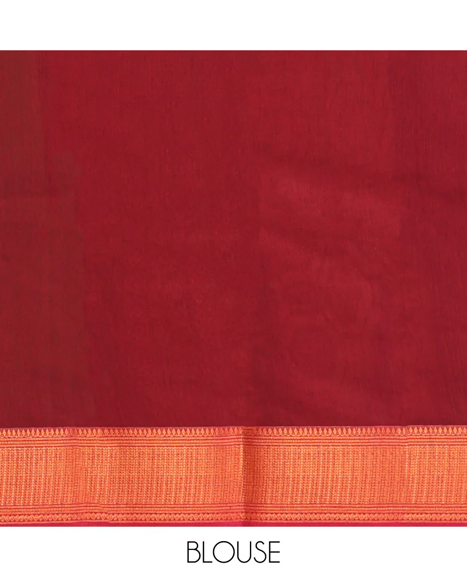 Green Semi-Silk Cotton Saree, Dazzled with Zari Buttas All Over Its Body, Highlighted by a Zari Traditional Design Border, Complemented by a Contrast Pallu of Geometric Design, and Paired with a Contrast Blouse - Image 4
