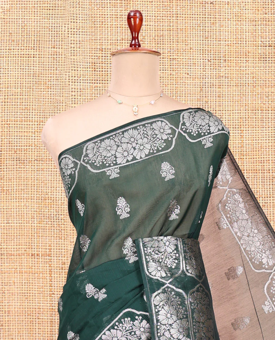 Green Semi-Silk Cotton Saree, Decked Up with Zari Buttas All Over Its Body, Highlighted by a Zari Border of Floral Designs, Gleaming Jaal Pallu, and Paired with a Matching Blouse - Image 2