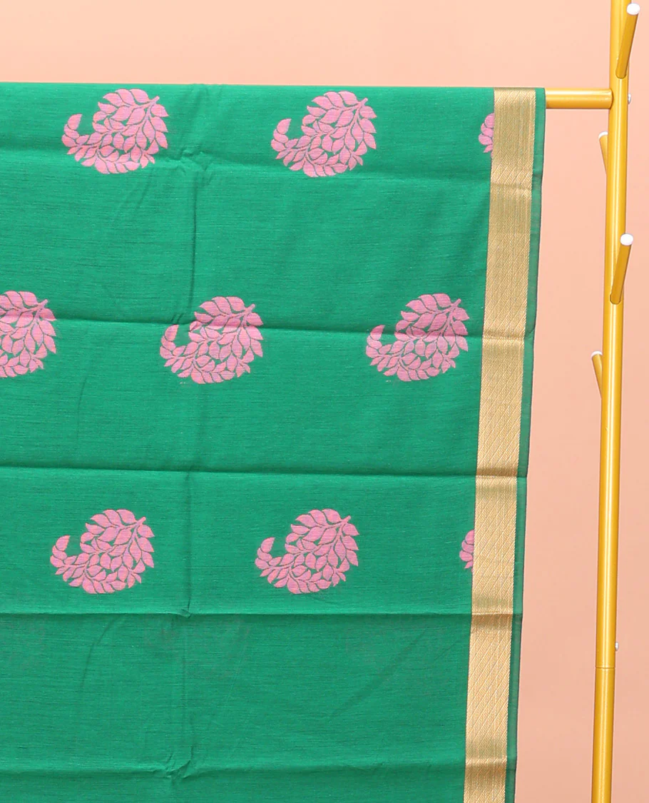 Green Semi-Silk Cotton Saree, Detailed with Paisley Zari Buttas All Over Its Body, Highlighted by a Zari Border, Pallu of Floral and Paisley Design, and Paired with a Matching Blouse - Image 2