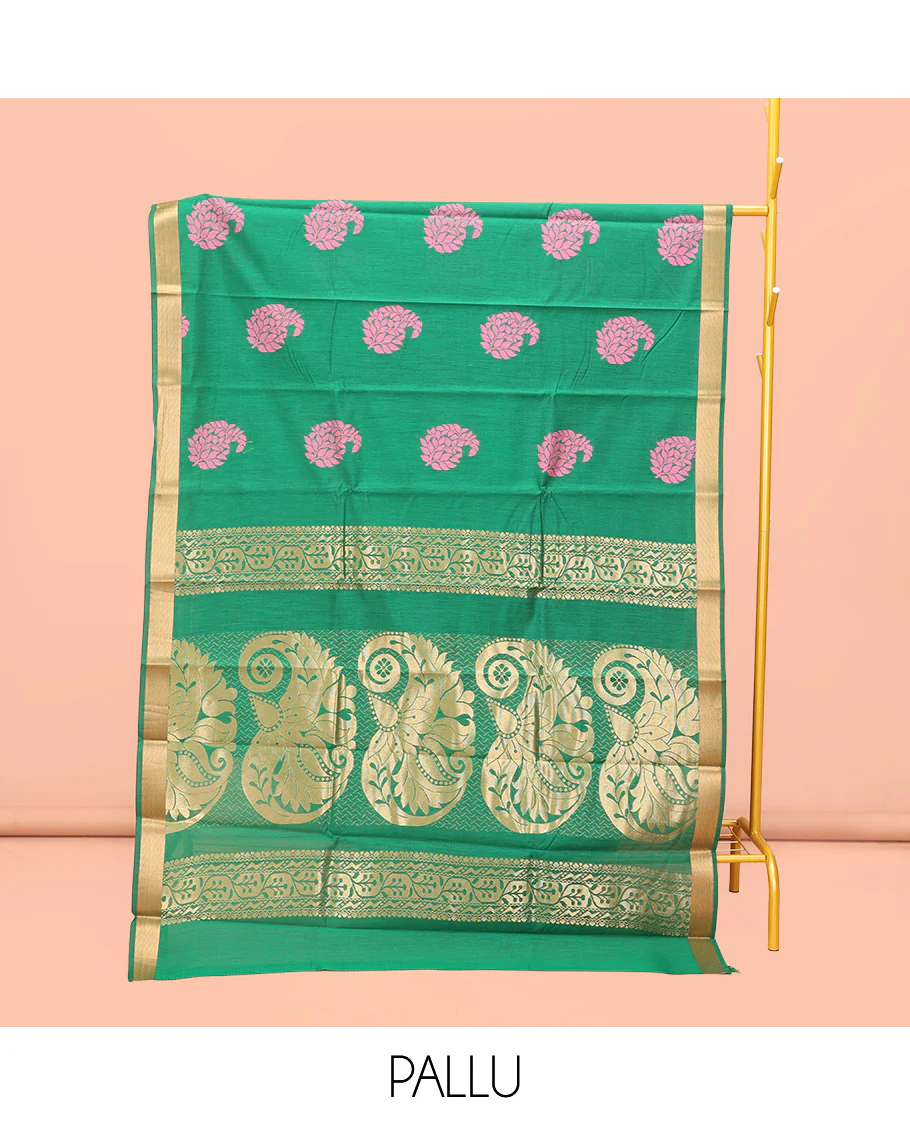 Green Semi-Silk Cotton Saree, Detailed with Paisley Zari Buttas All Over Its Body, Highlighted by a Zari Border, Pallu of Floral and Paisley Design, and Paired with a Matching Blouse - Image 3