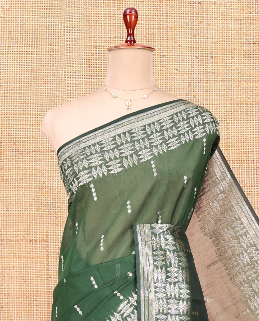 Green Semi-Silk Cotton Saree, Embellished with Buttas All Over Its Body, Highlighted by a Zari Border of Geometric Designs, Pallu of Geometric Designs, and Paired with a Matching Blouse - Image 2