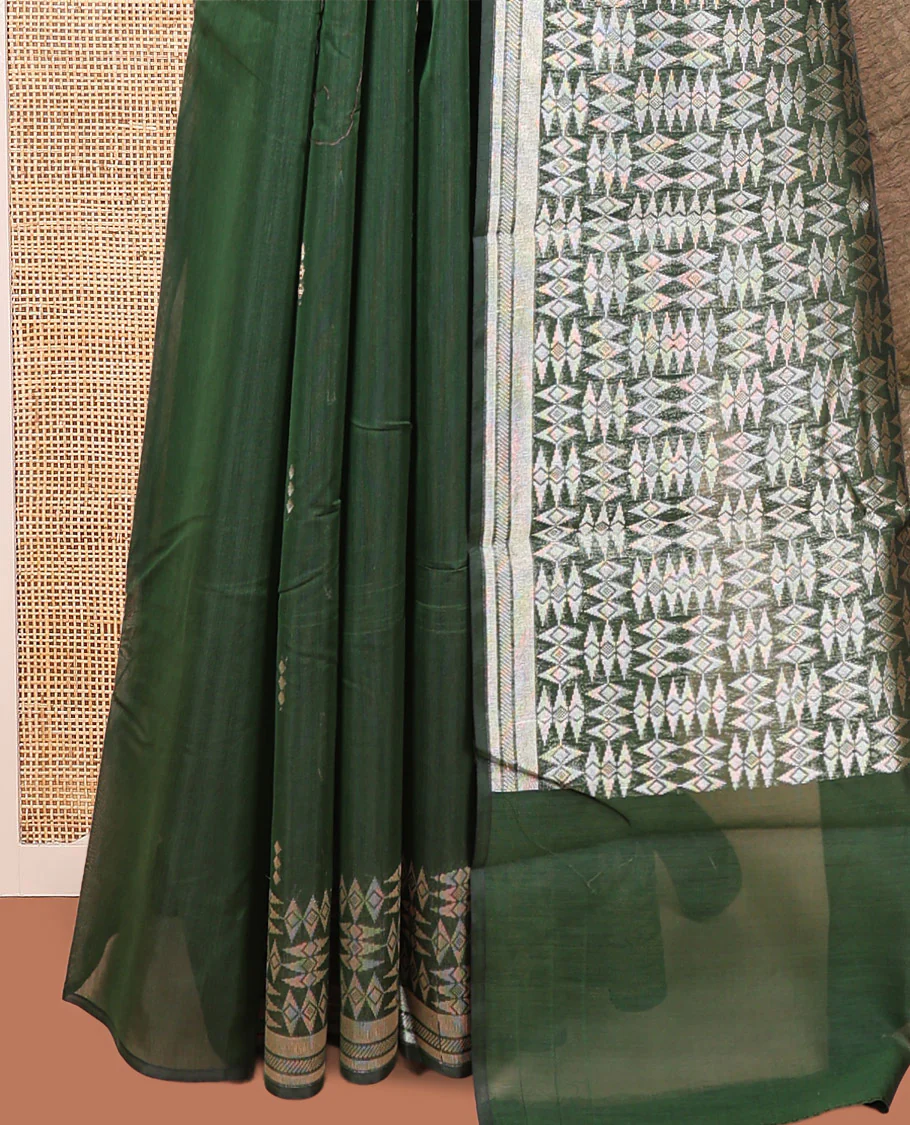 Green Semi-Silk Cotton Saree, Embellished with Buttas All Over Its Body, Highlighted by a Zari Border of Geometric Designs, Pallu of Geometric Designs, and Paired with a Matching Blouse - Image 3