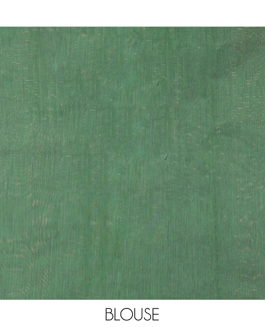 Green Semi-Silk Cotton Saree, Embellished with Buttas All Over Its Body, Highlighted by a Zari Border of Geometric Designs, Pallu of Geometric Designs, and Paired with a Matching Blouse - Image 4