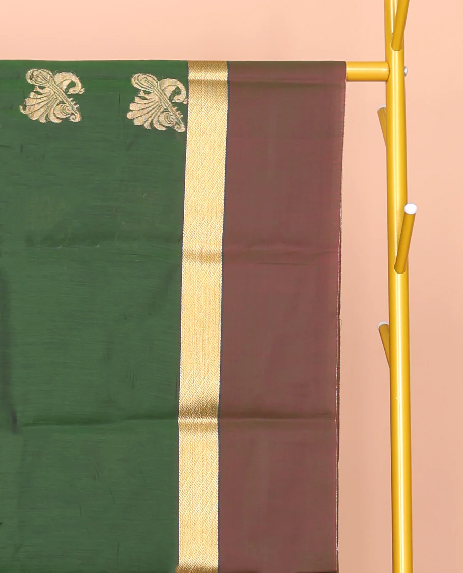 Green Semi-Silk Cotton Saree, Embellished with Zari Buttas All Over Its Body, Complemented by a Contrast Border of Peacock and Veena Designs, Pallu of Peacock Designs, and Paired with a Matching Blouse - Image 2