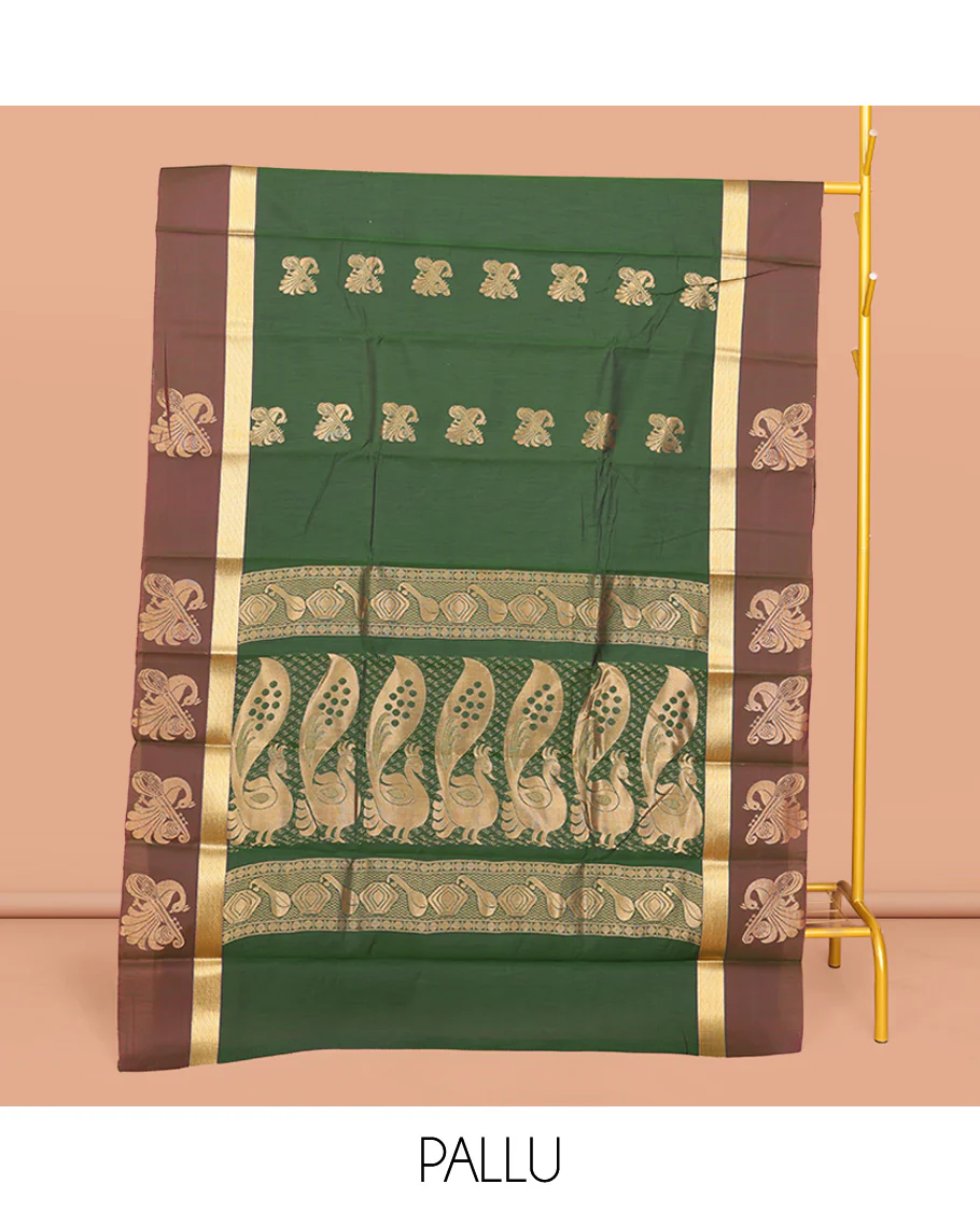 Green Semi-Silk Cotton Saree, Embellished with Zari Buttas All Over Its Body, Complemented by a Contrast Border of Peacock and Veena Designs, Pallu of Peacock Designs, and Paired with a Matching Blouse - Image 3